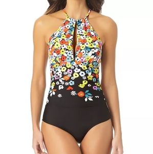 ANNE COLE Ditsy Floral High-Neck One-Piece Swimsuit 24W 24 W NWT